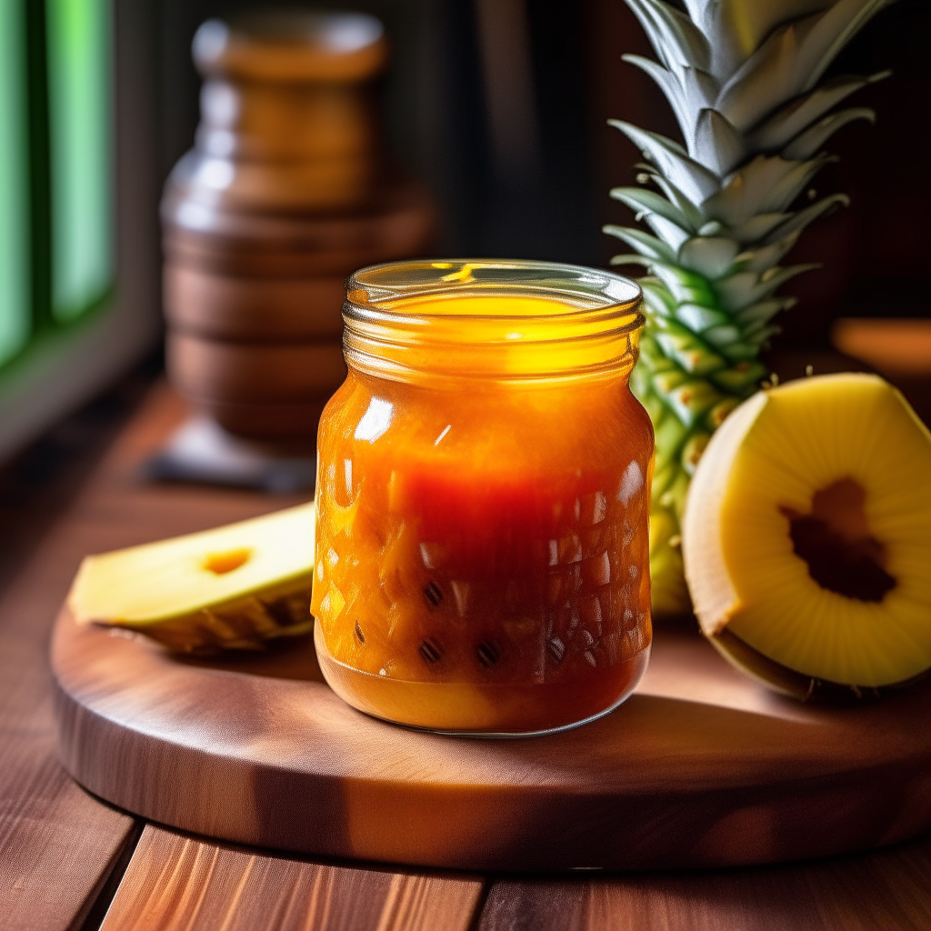 A glass mason jar filled with glistening teriyaki and pineapple sauce sits on a rustic wooden table next to a cutting board holding fresh pineapple wedges. The vibrant orange sauce glimmers under a skylight like a precious jewel.