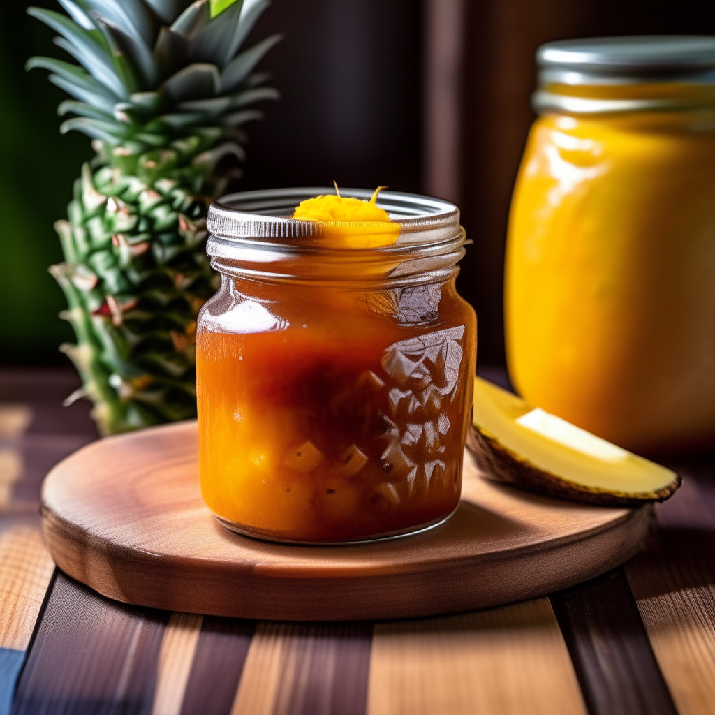 A glass mason jar with a metal lid filled with glistening teriyaki and pineapple sauce sits on a rustic wooden table next to a cutting board holding fresh pineapple wedges. The vibrant orange sauce glimmers under a skylight like a precious jewel.