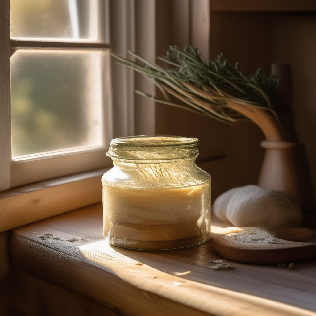 A vintage glass jar filled with rosemary and parsnip preserve sits on a weathered cutting board in a cozy farmhouse kitchen. Rays of morning light stream through the window, making the chunks of parsnip glisten like gold. Sprigs of fresh rosemary are artfully placed around the jar.