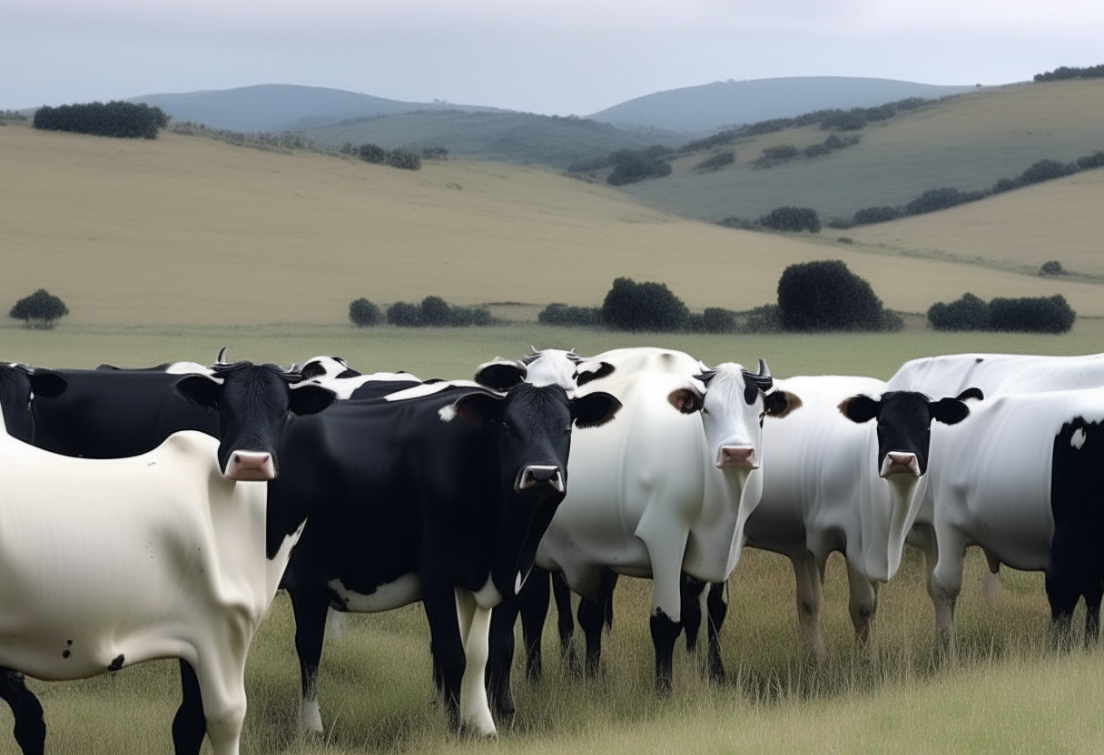 un paisaje con vacas blancas y negras pastando
