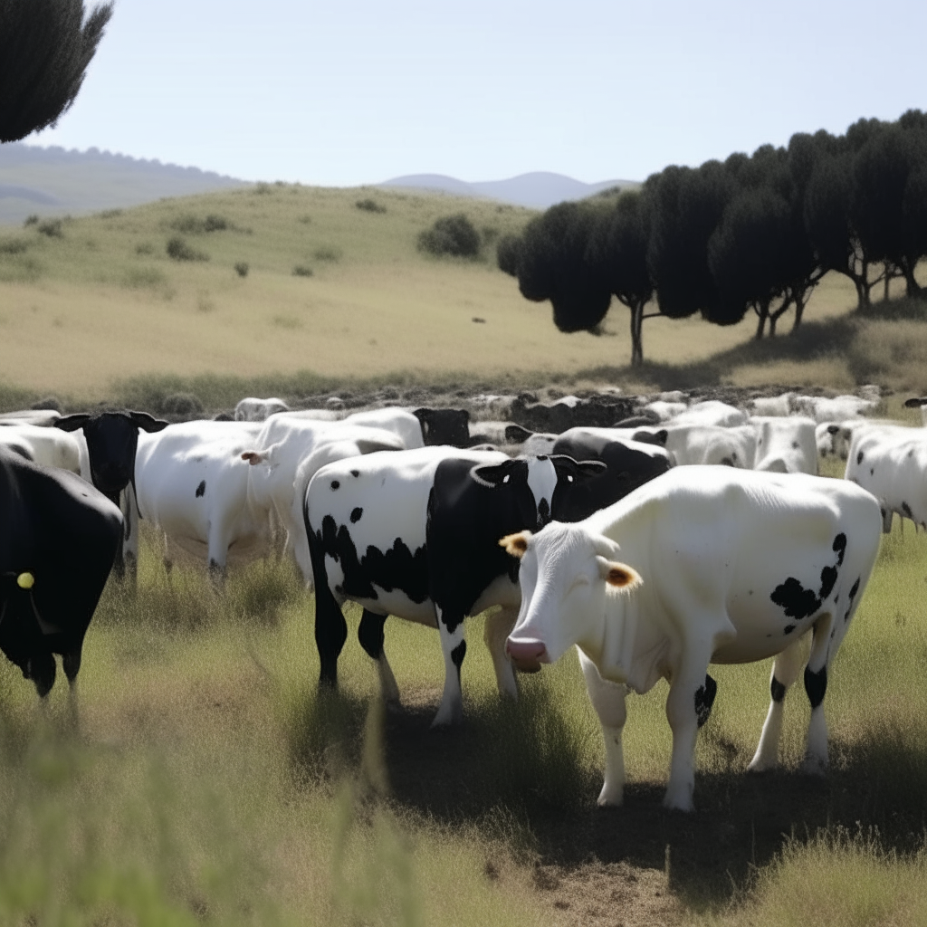 Un paisaje con vacas de manchas blancas y negras comiendo pasto 