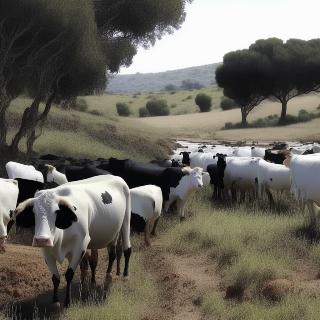 Un paisaje donde hayan vacas de manchas blancas y negras comiendo pasto en la lejania