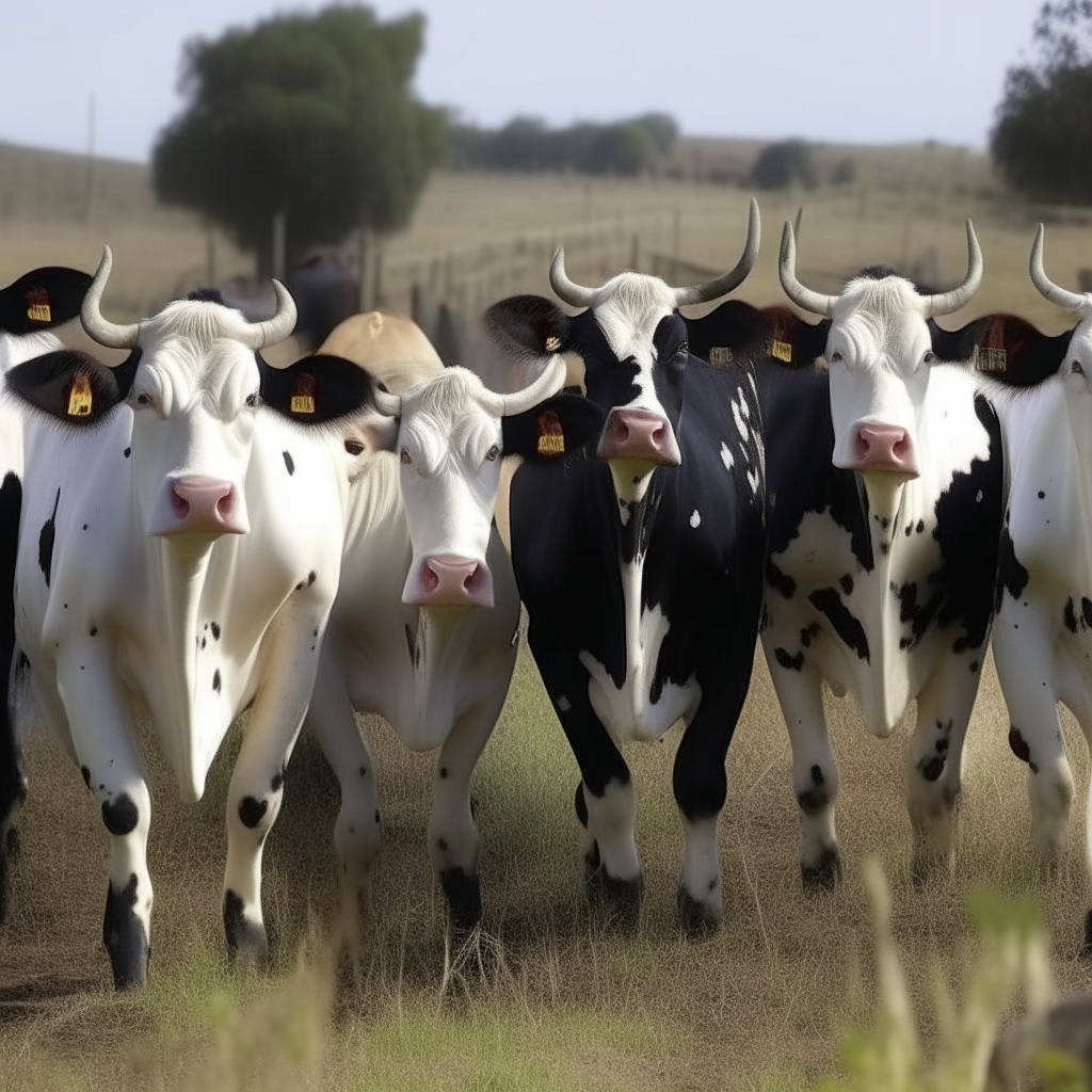 Vacas de manchas blancas y negras comiendo pasto a lo lejos