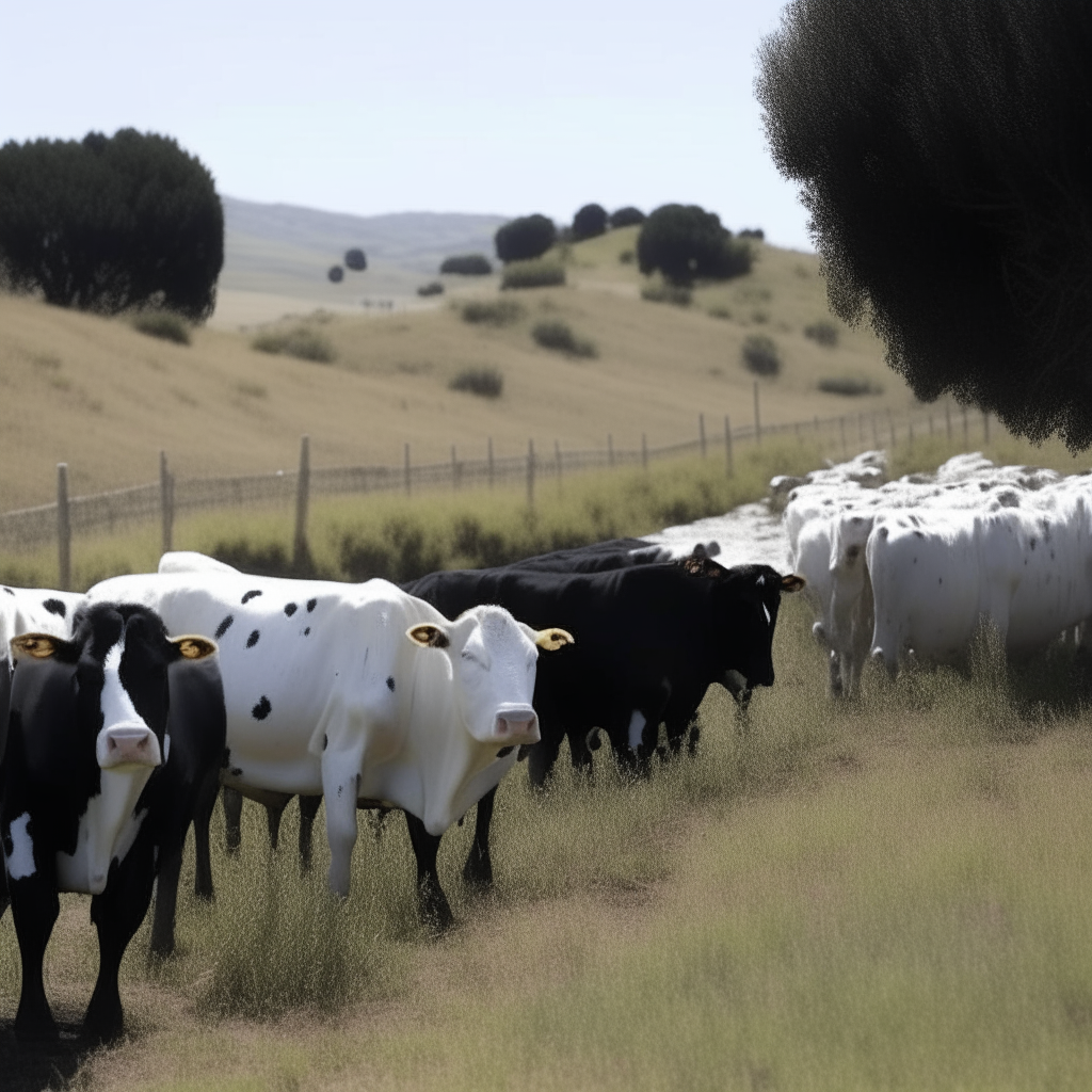 Un paisaje con Vacas de manchas blancas y negras comiendo pasto a lo lejos