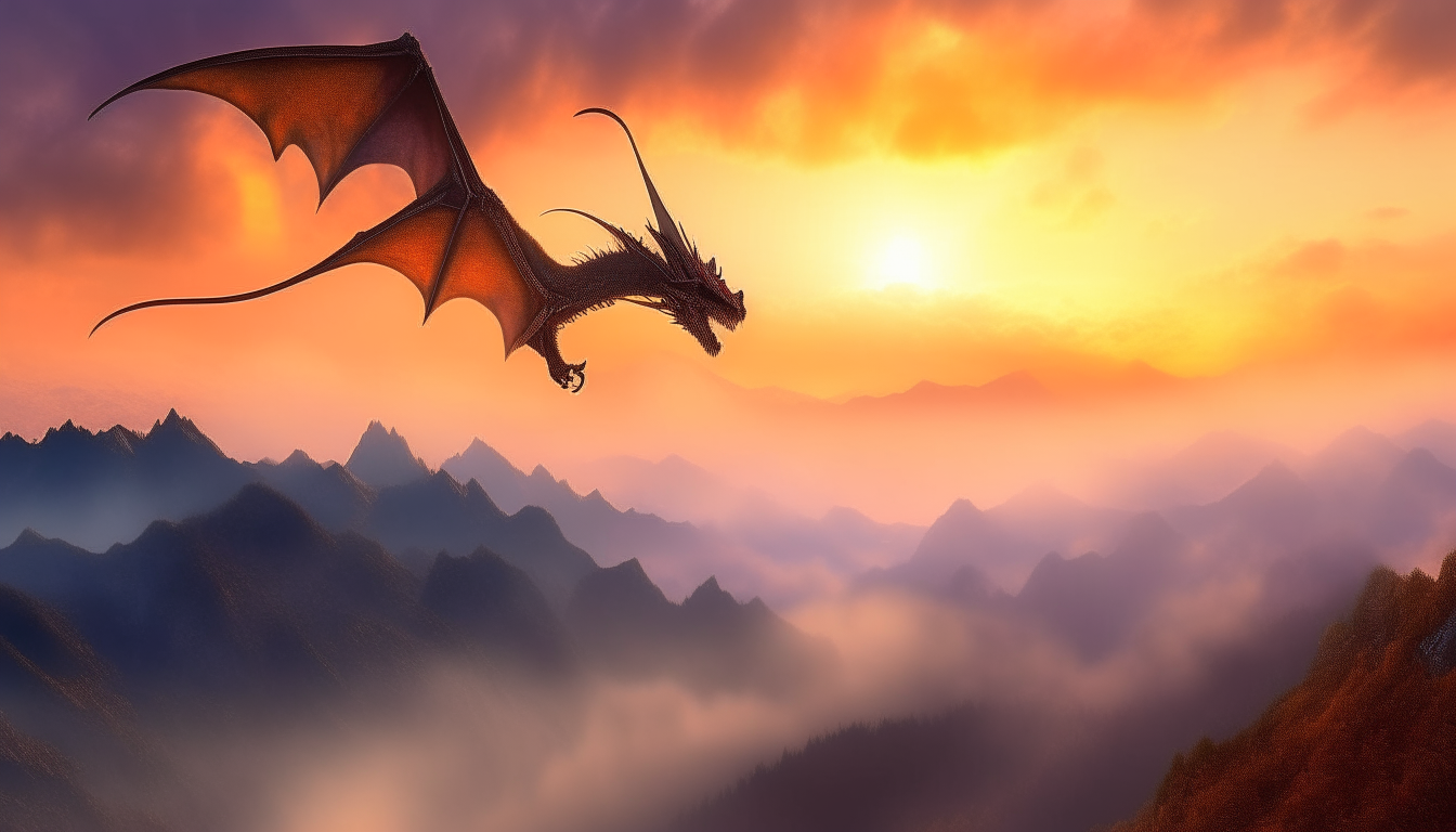 A majestic dragon soars through misty mountains at dusk, the setting sun silhouetting its powerful wings against colorful clouds as it surveys the lands below.