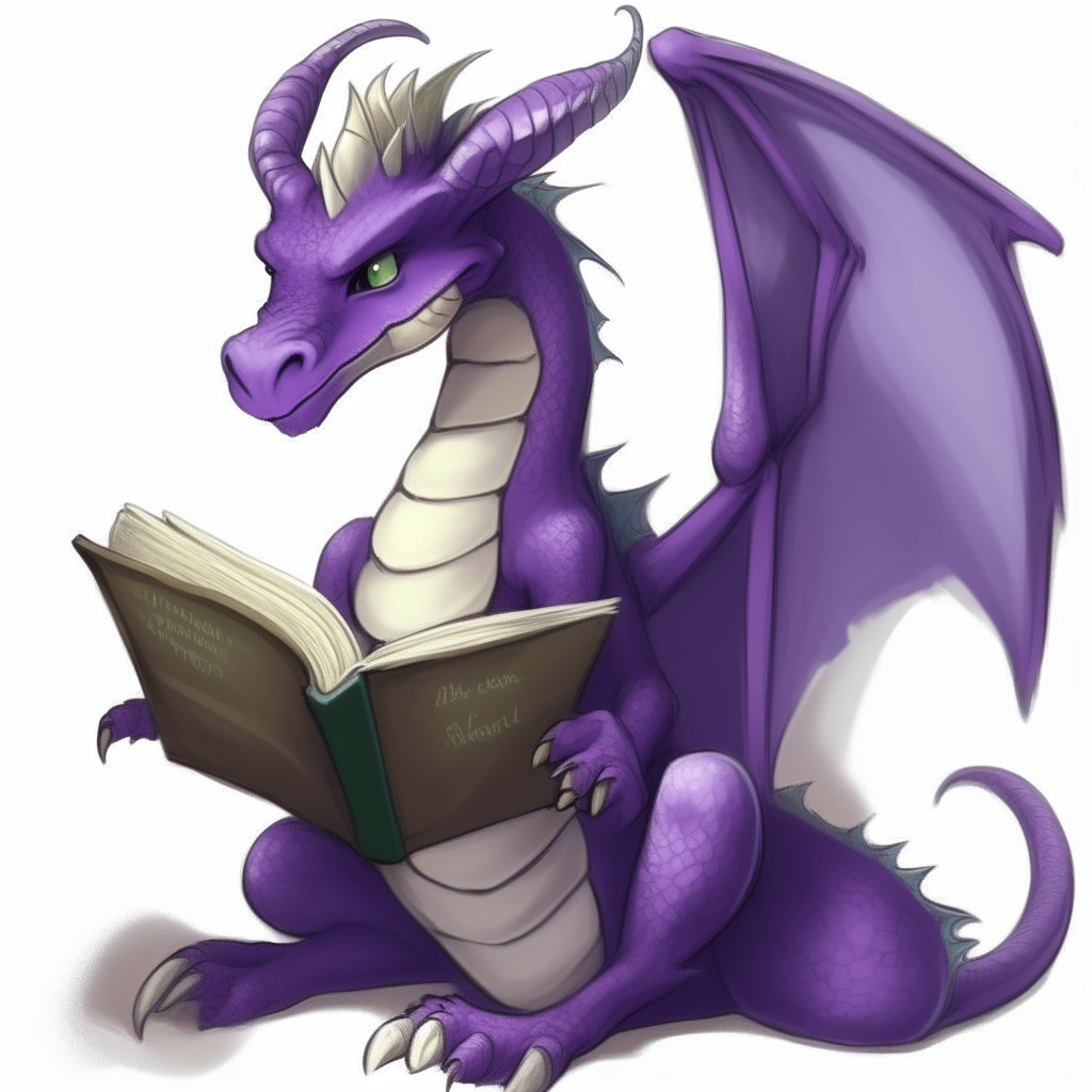 A purple dragon sitting calmly reading a large book. She has gray wings and horns, and green eyes that are focused intently on the pages.