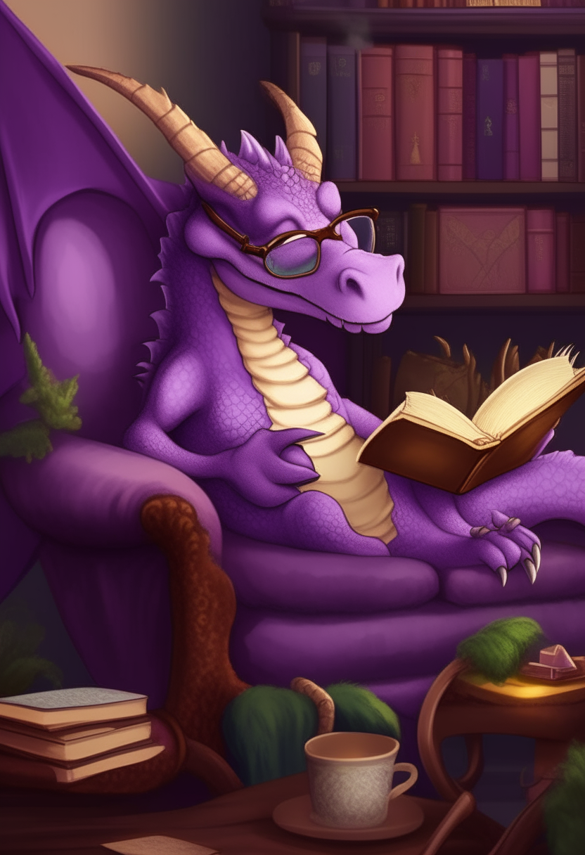 A female dragon wearing reading glasses, relaxing on a sofa and reading a book. She has purple scales and wings, and claws with purple nail polish. The sofa is a plush purple velvet, and behind is a bookshelf filled with books and potted plants.