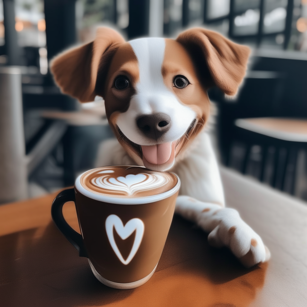 a happy puppy drinking a latte with heart-shaped foam art in a coffee shop