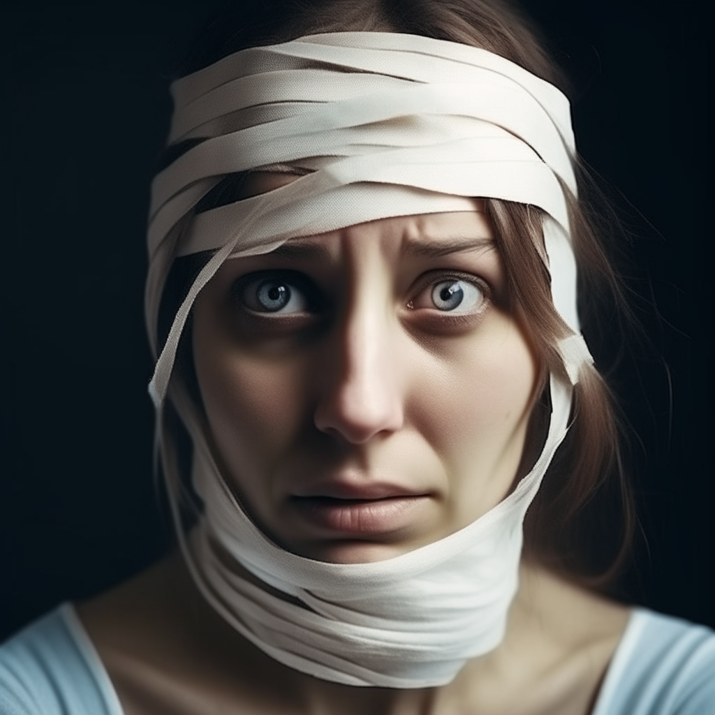 Scared lady with bandage around the head
