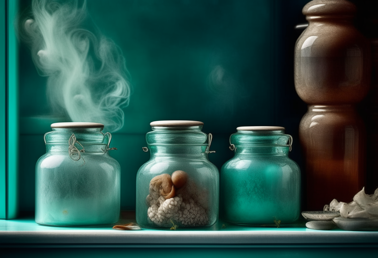 Tall, slender glass jars, their mouths open in anticipation, await their precious content. Behind them, against a turquoise tile backsplash, stands a gleaming silver pot releasing delicate tendrils of steam. The image is a clear, well-lit photo showcasing the food with bright studio lighting and razor-sharp focus on the jars and their contents. Three versions of the same dish are shown with medium length jars filling at least 33 percent of the frame.