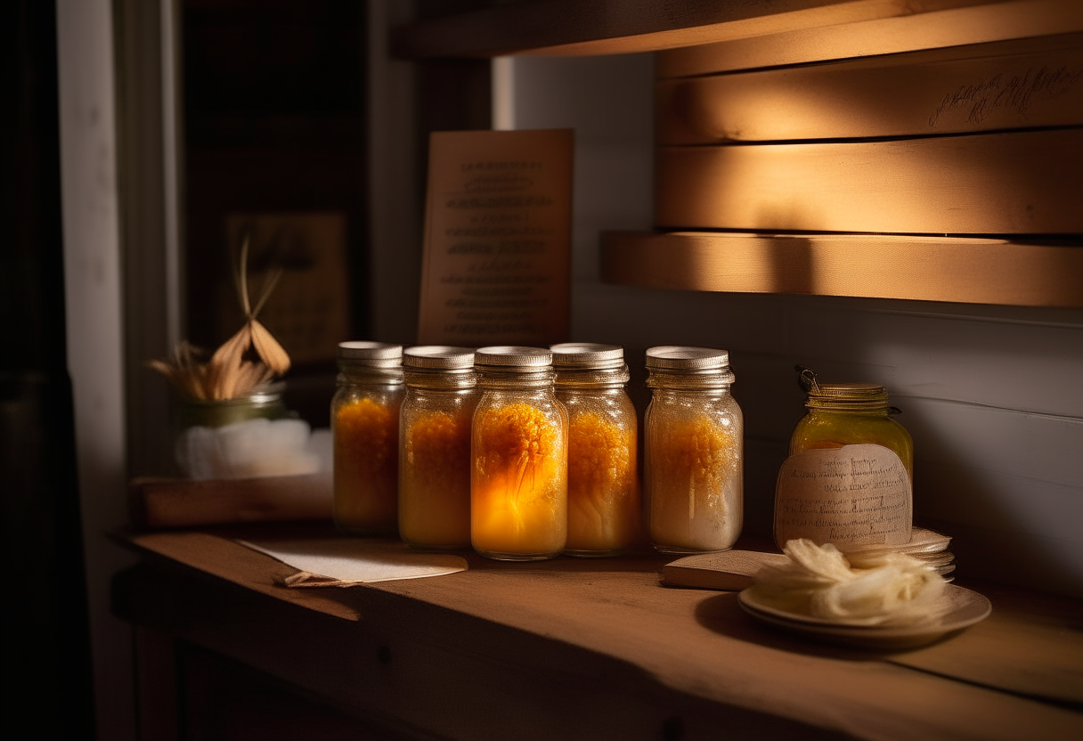 In the dim evening light of a rustic kitchen, the amber glow from hanging pendant lights casts a gentle shimmer over the finished jars of Sweet Corn & Chive Preserve. They stand proudly on a distressed wood shelf, beside a hand-written recipe card.