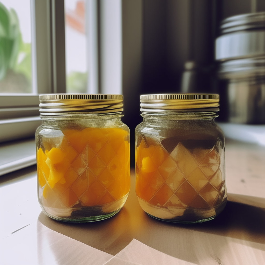 Two glass mason jars filled with sweetcorn preserve on a counter in a cubist style kitchen, the jars take up 40% of the image frame