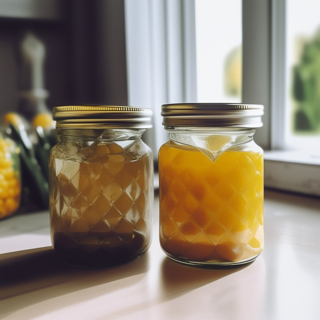 Two glass mason jars filled only with sweetcorn preserve on a counter in a cubist style kitchen, the jars take up 40% of the image frame