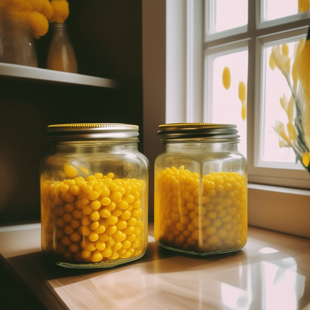 Two glass mason jars filled only with yellow sweetcorn seeds preserve on a counter in a cubist style kitchen, the jars take up 40% of the image frame