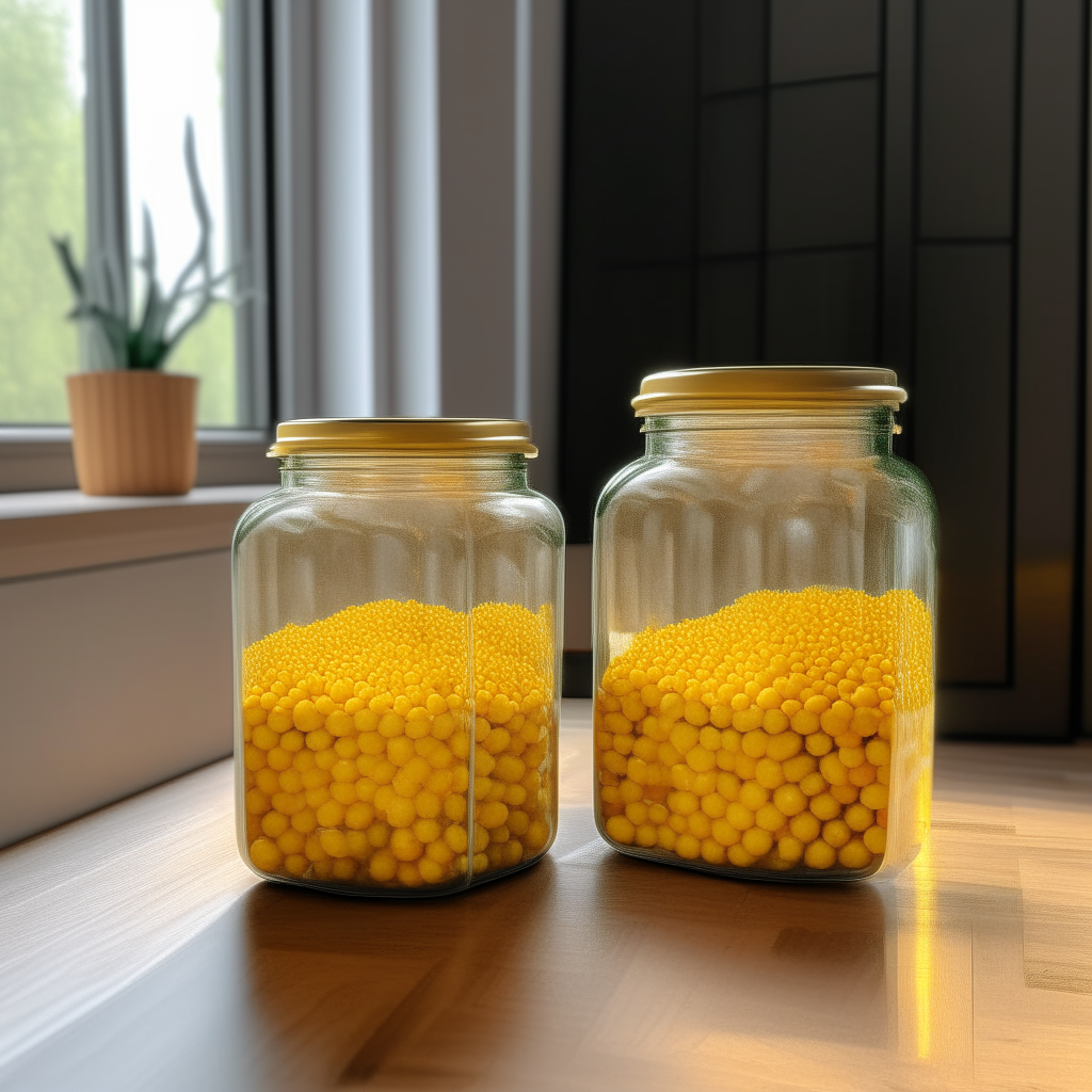 Two glass mason jars filled with small yellow sweetcorn seeds, realistically depicted, on a counter in a cubist style kitchen