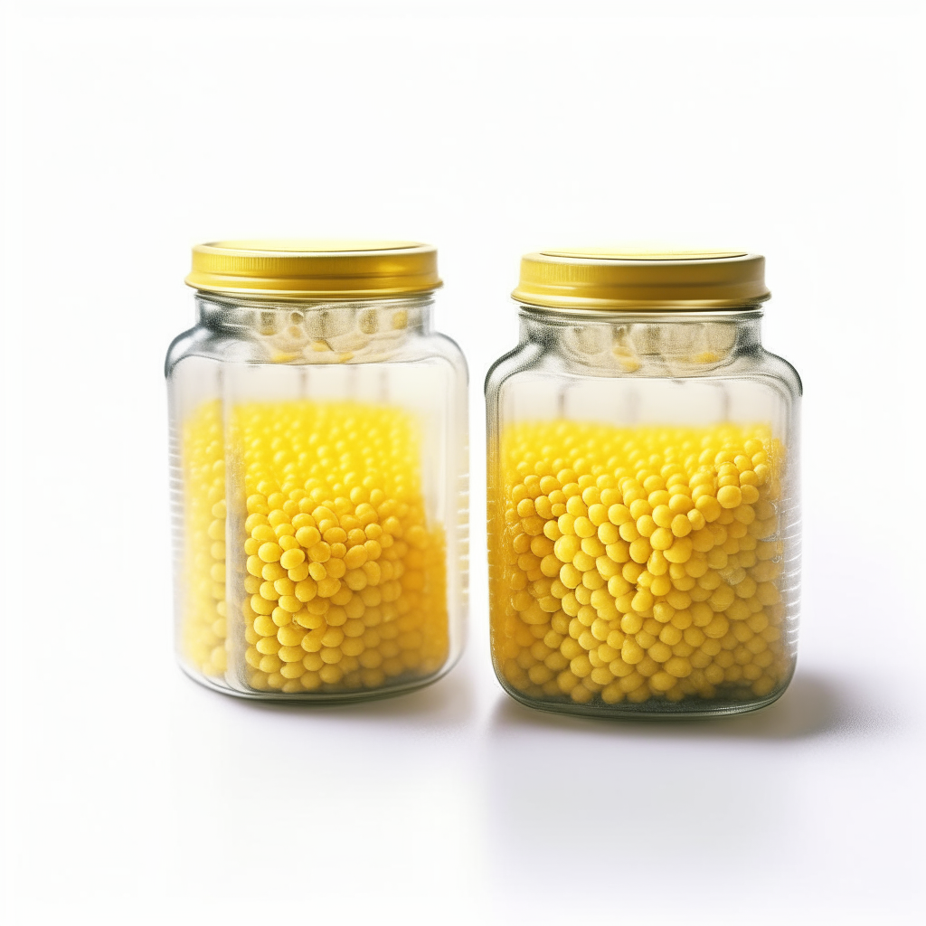 Two glass mason jars filled with small yellow sweetcorn seeds, realistically depicted, on a white background