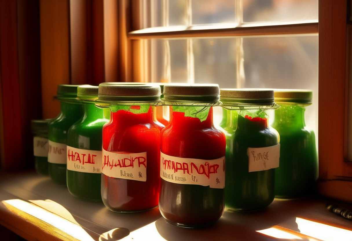 On a rustic wooden table, 5 jars of vivid green Pickled Okra & Red Pepper Preserve stand in a row. Morning sunlight streams through the kitchen window, illuminating the jars' contents - okra and red bell peppers suspended in a shimmering brine. The jars' labels display the preserve's name in a vintage font.