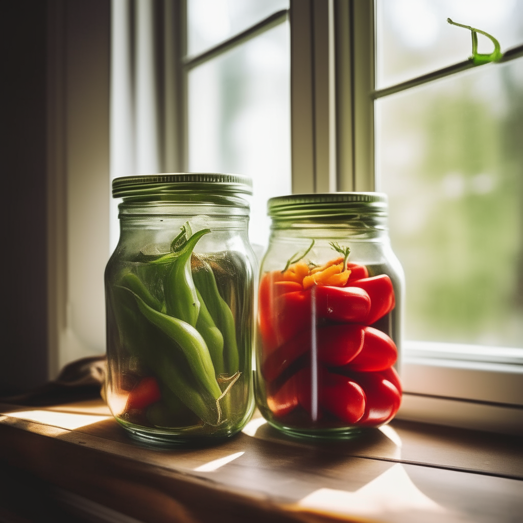 Two glass mason jars filled with pickled okra and red bell peppers, illuminated by soft natural light in a cozy kitchen