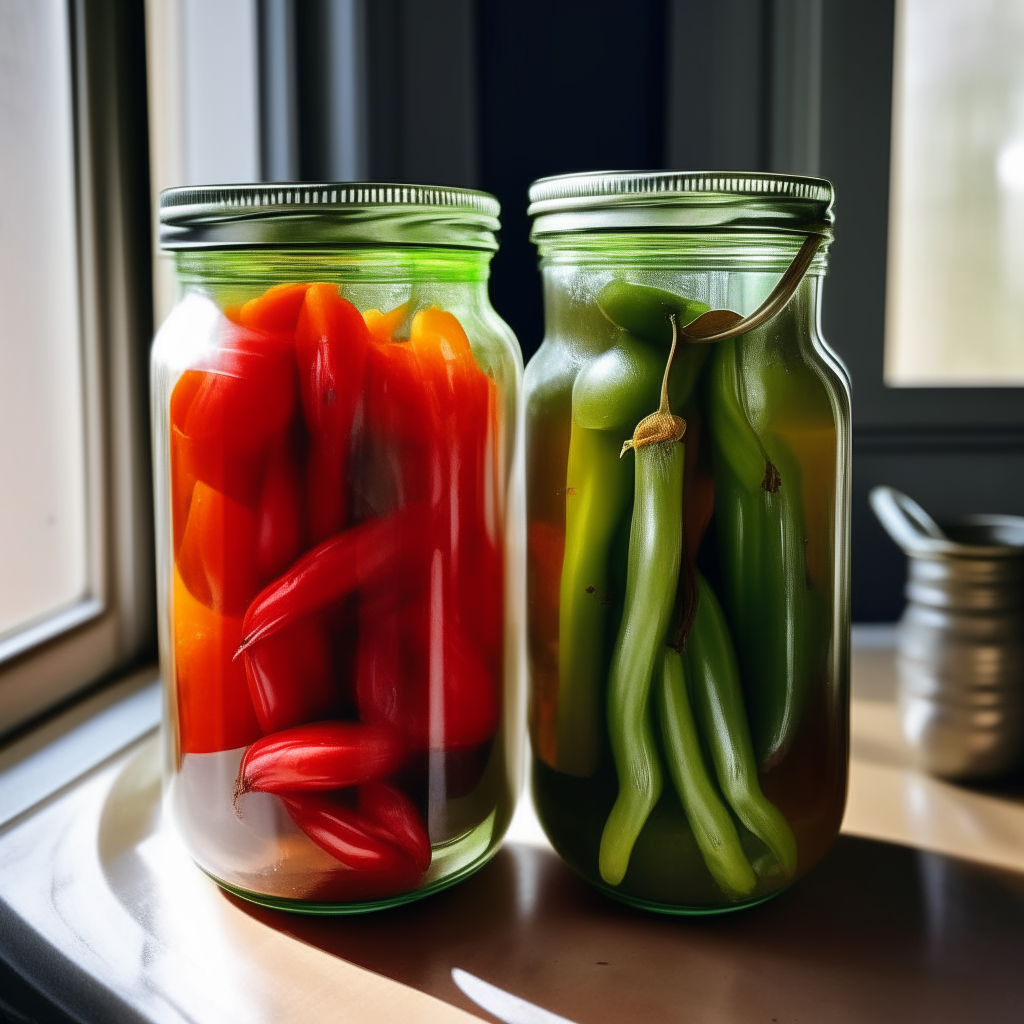 Two glass mason jars filled with pickled okra and red bell peppers in each jar, illuminated by soft natural light