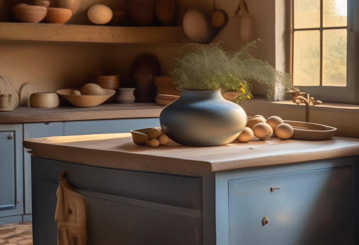 A rustic farmhouse kitchen bathed in soft dawn light, where the blue painted cabinets contrast with the golden hue of the walls. In the middle, a stone kitchen island holds center stage. Upon it, a vintage ceramic bowl overflows with tiny golden potatoes, their skins kissed by the sun, speckled with freshly chopped herbs like rosemary and thyme. Beside the bowl, two clear jars stand: their insides painted with layers of these herbed potatoes, each layer a story of flavors and times gone by. Every jar is sealed with a bronze lid, their contents a promise of delicious memories. In the background, a kettle hums gently, releasing a delicate puff of steam, as if the entire kitchen is waiting in quiet anticipation for the next step in this canning dance.