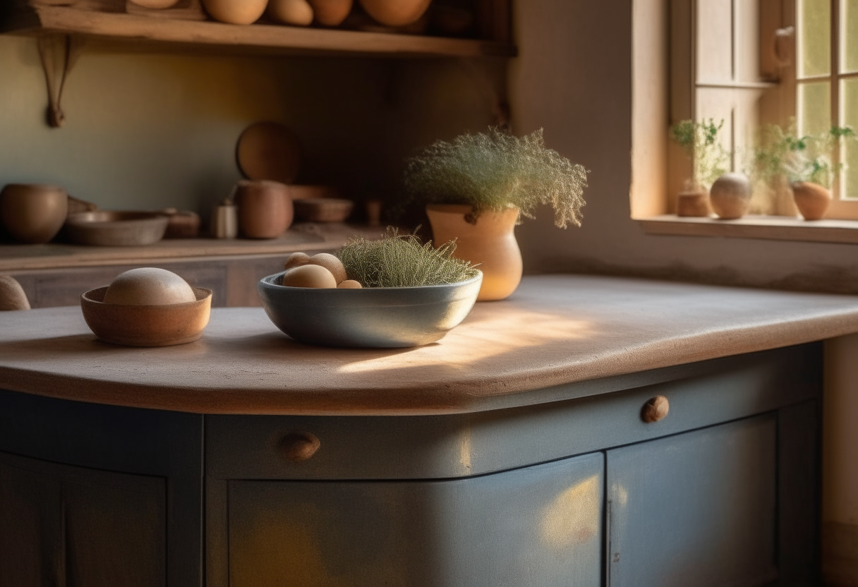 A rustic farmhouse kitchen bathed in soft dawn light, where the blue painted cabinets contrast with the golden hue of the walls. In the middle, a stone kitchen island holds center stage. Upon it, a vintage ceramic bowl overflows with tiny golden potatoes, their skins kissed by the sun, speckled with freshly chopped herbs like rosemary and thyme. Beside the bowl, two clear jars stand: their insides painted with layers of these herbed potatoes, each layer a story of flavors and times gone by. Every jar is sealed with a bronze lid, their contents a promise of delicious memories. In the background, a kettle hums gently, releasing a delicate puff of steam, as if the entire kitchen is waiting in quiet anticipation for the next step in this canning dance.