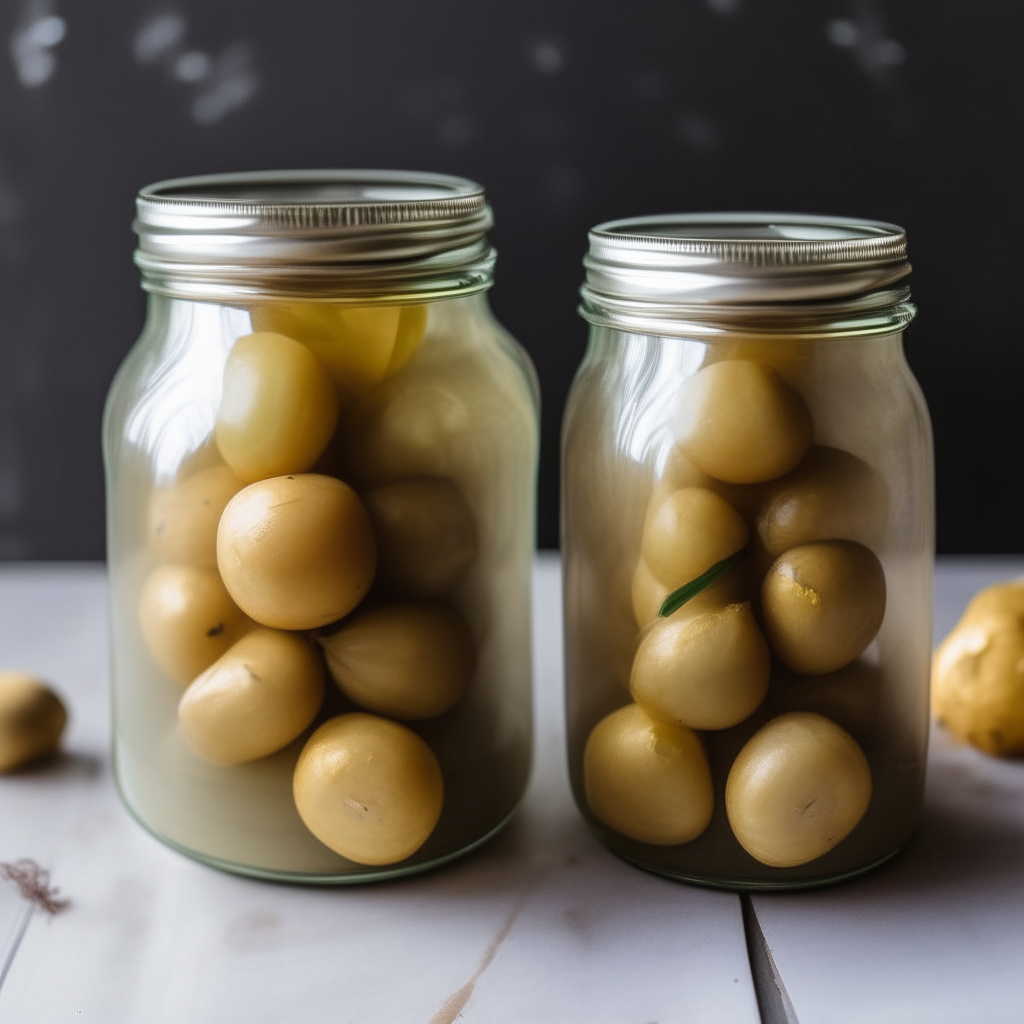 Two glass mason jars filled with pickled small golden potatoes