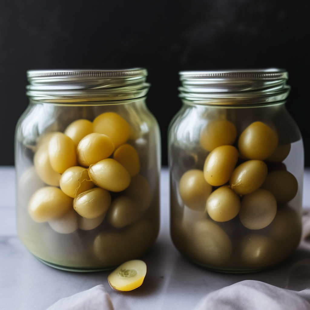 Two glass mason jars filled with small pickled golden potatoes