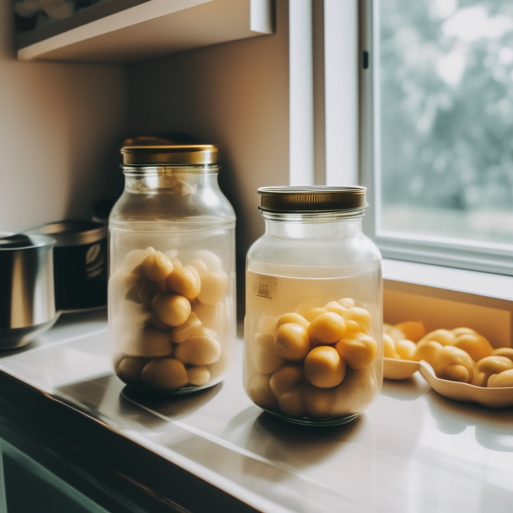 Two glass mason jars filled with small pickled golden potatoes on a counter in a Korean style kitchen