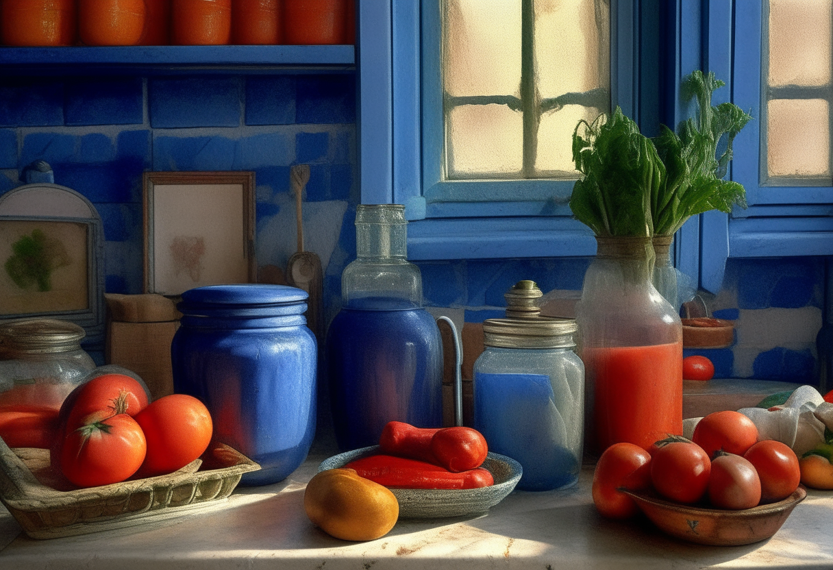 In a rustic Provencal kitchen, with blue painted walls and terracotta tiles, two Ratatouille-filled jars sit proudly on a vintage, marbled countertop. Vibrant layers of zucchini, bell peppers, tomatoes, and aubergines are visible through the clear glass. The rich hues of the vegetables, each layer distinct, tell tales of the French countryside. A backdrop of copper utensils and fresh lavender adds an atmospheric touch. One jar is slightly ajar, revealing a wooden spoon nearby, with a dollop of ratatouille that's just been tasted. Both jars gleam, their silver lids reflecting the warm, ambient glow from a single hanging lantern above.