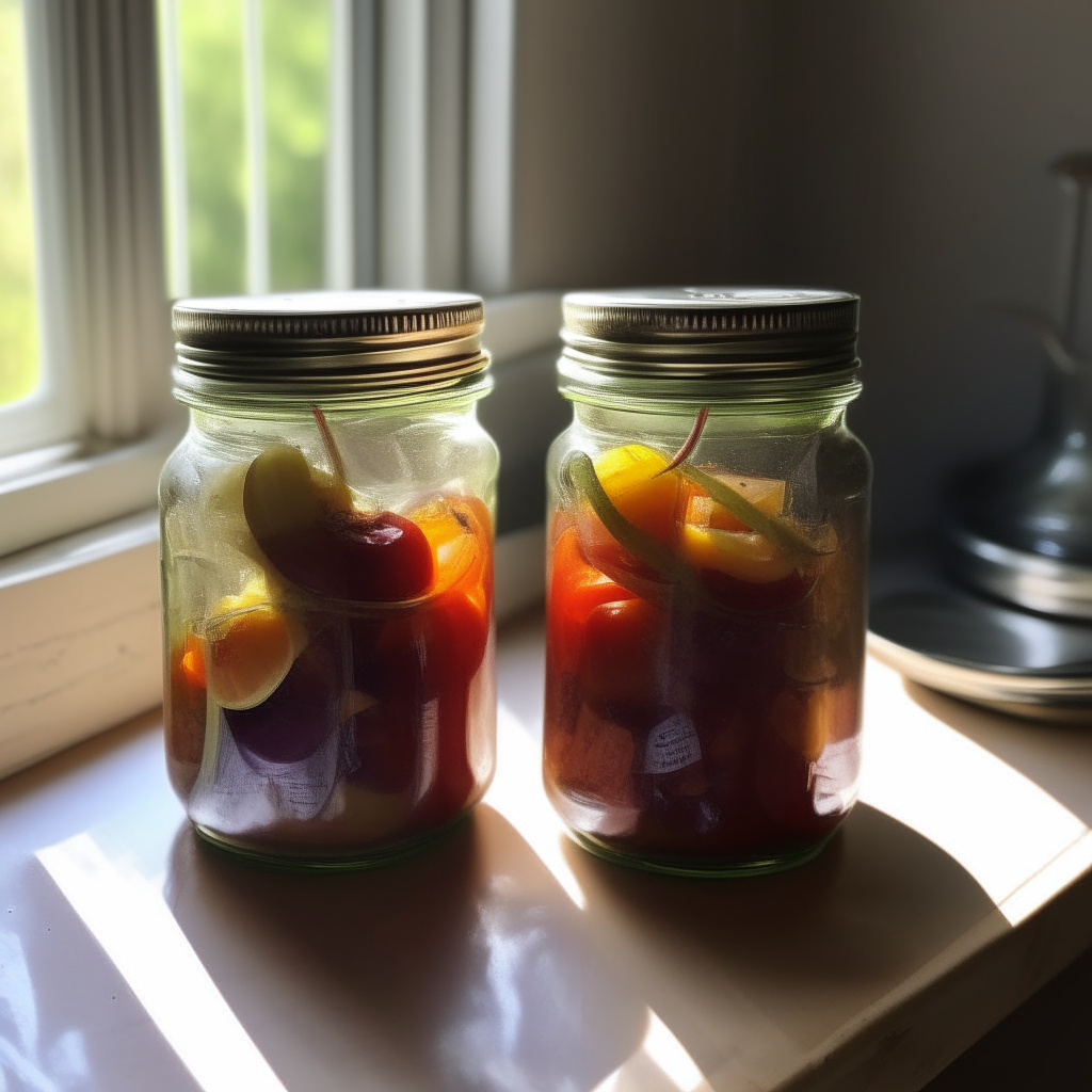 Two glass mason jars filled with ratatouille, illuminated by natural light