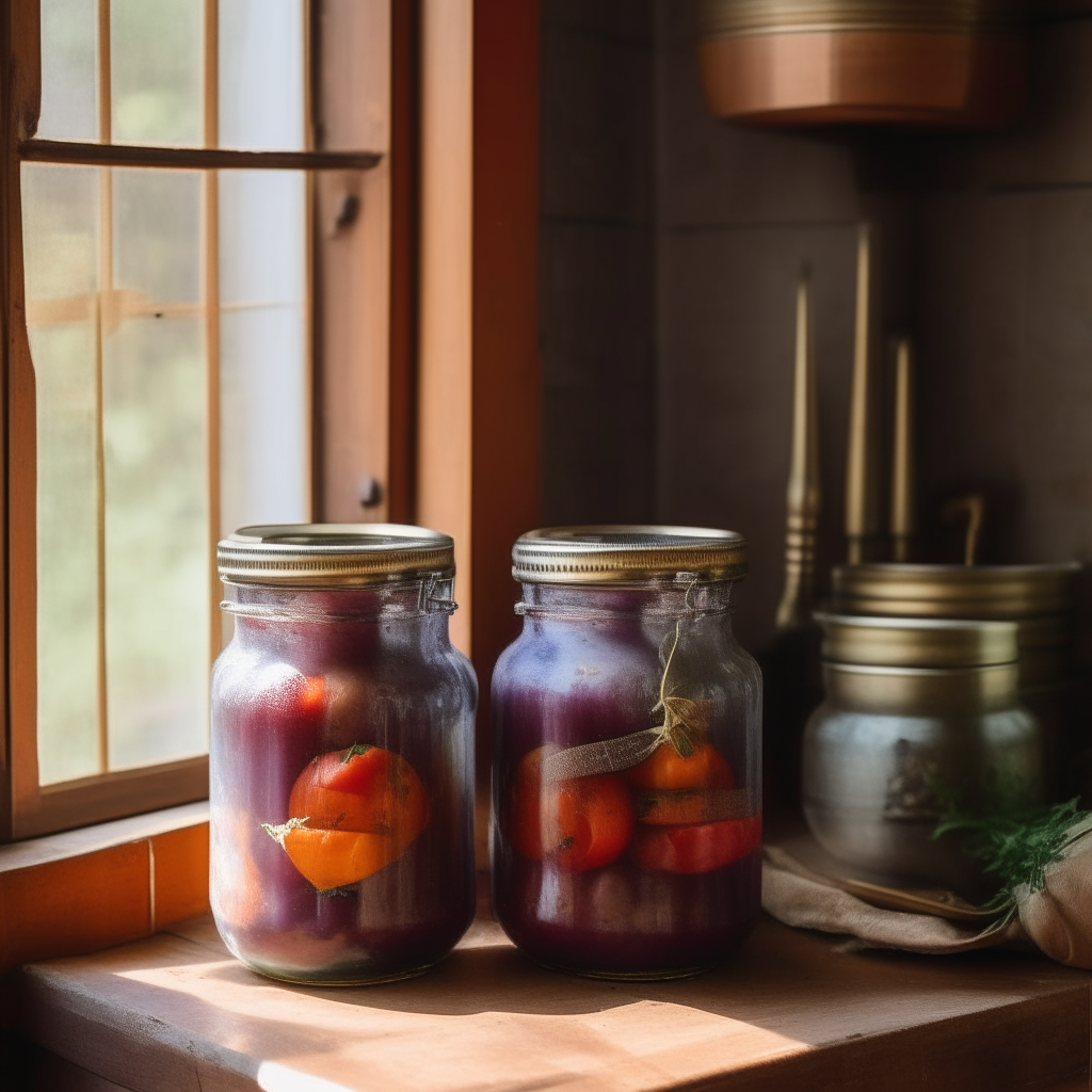 Two glass mason jars filled with ratatouille on a wooden table in a medieval style kitchen