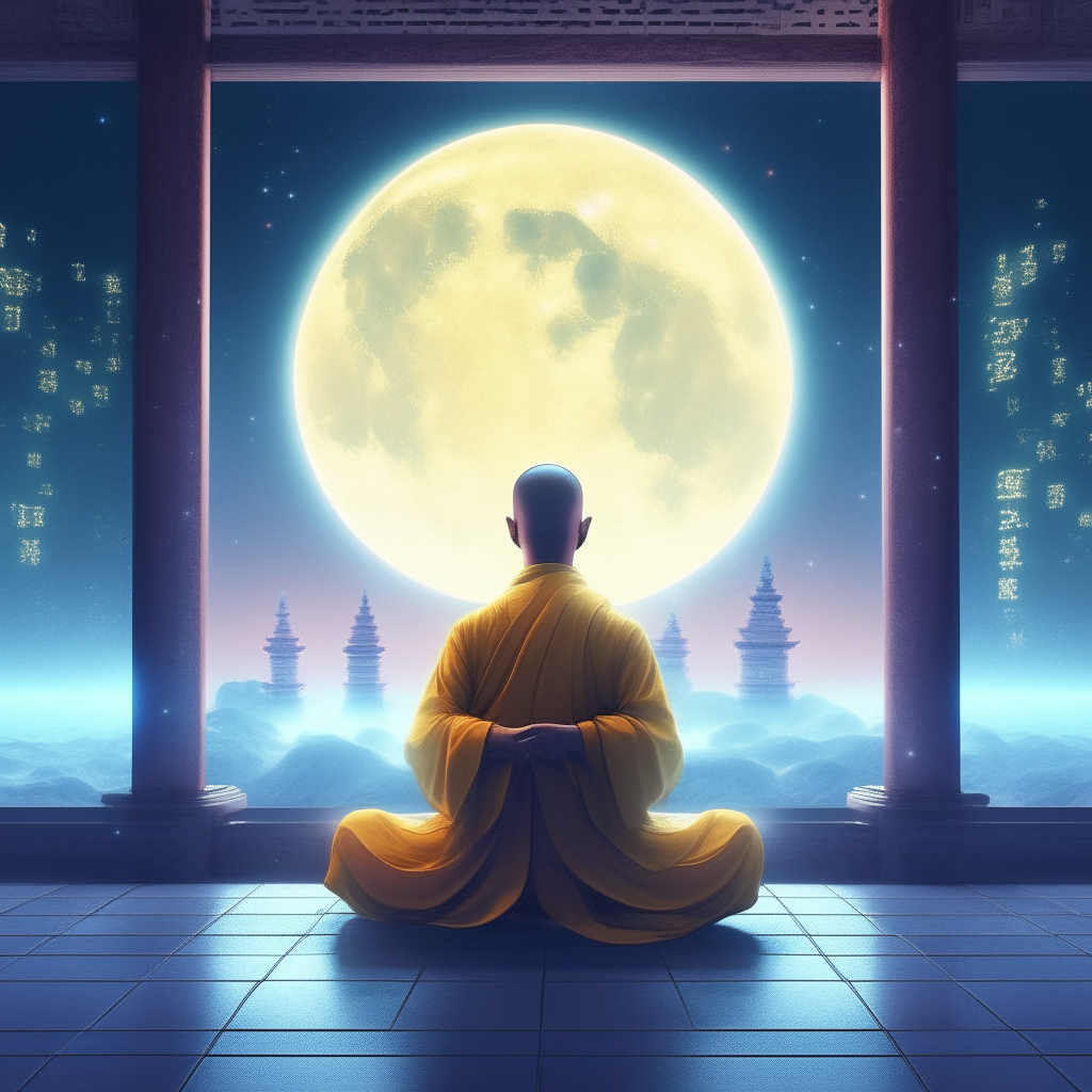 A monk meditating in a glowing chamber, wearing robes of light that shift in color like an aurora. High-tech prayer beads float around translucent hands. Beyond an open wall, a glittering city rises among clouds under three moon.