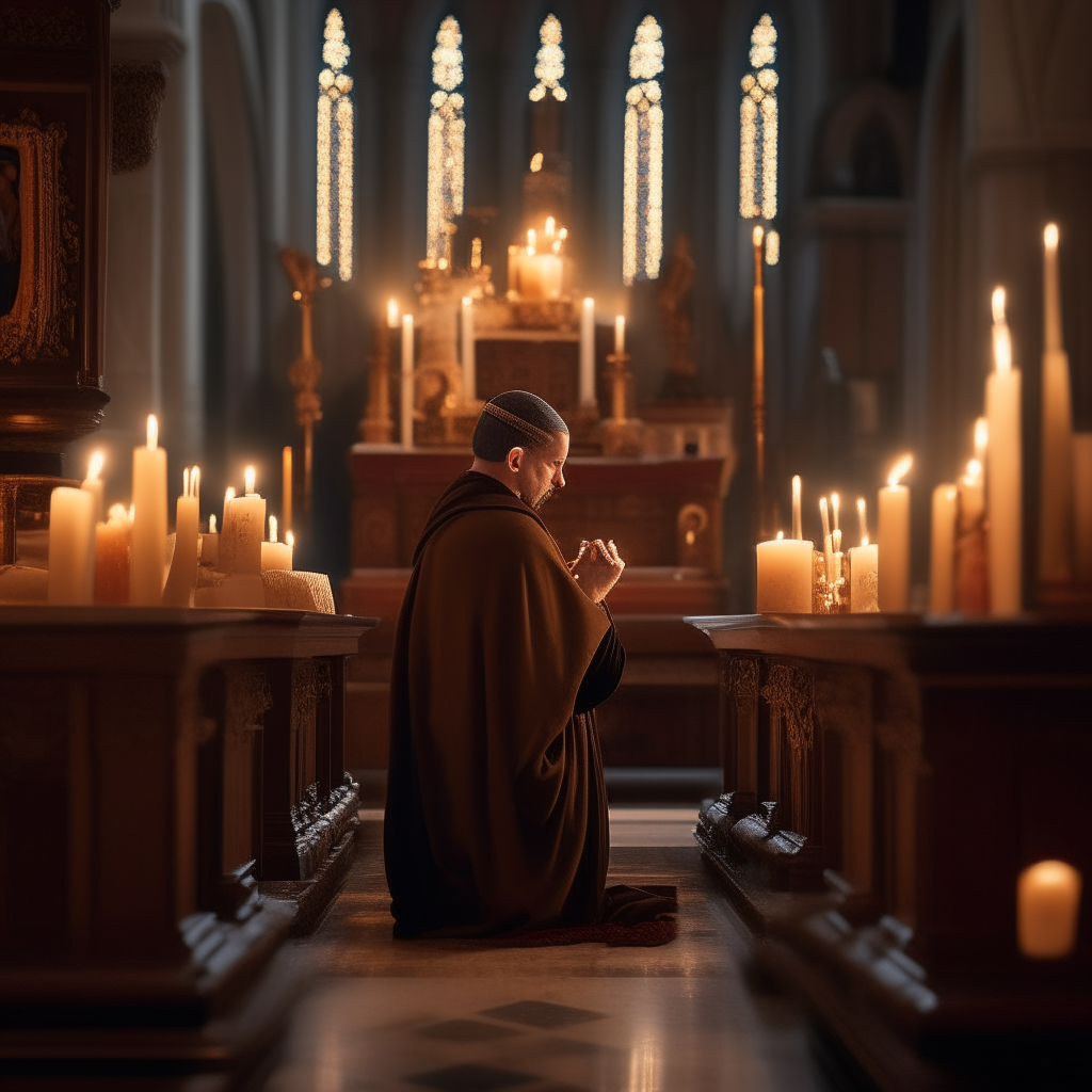 A Catholic monk praying at an altar inside a cathedral. He wears traditional brown robes and holds a rosary while kneeling on a cushion in front of candles and a crucifix.