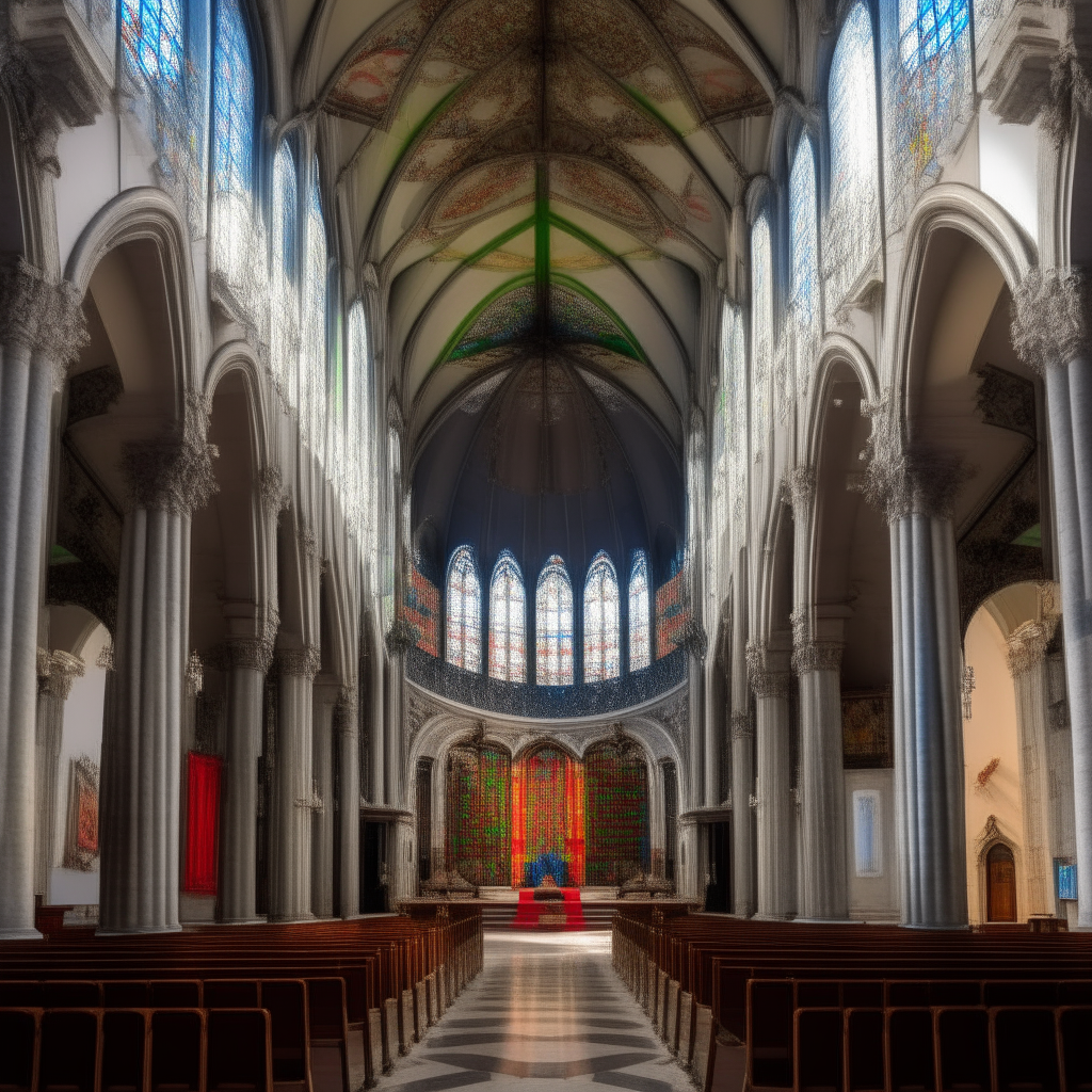 The nave of La Iglecia de San Antonio de Prado in Seville, Spain. Marble columns support detailed Gothic vaulting, and stained glass windows fill the church with colored light.