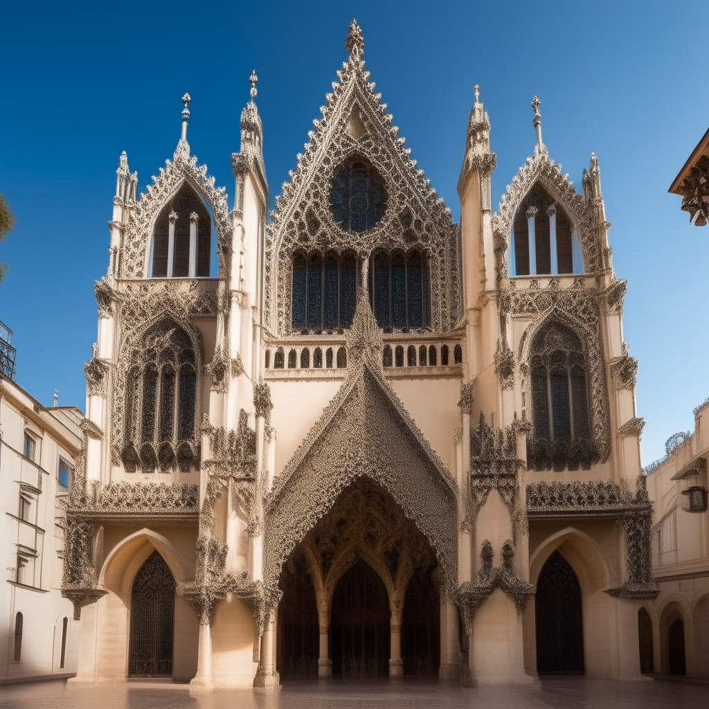 The façade of La Iglesia de San Antonio de Prado in Seville, Spain. Intricate stonework and arched windows decorate the Gothic front, and the bell towers rise above a plaza.