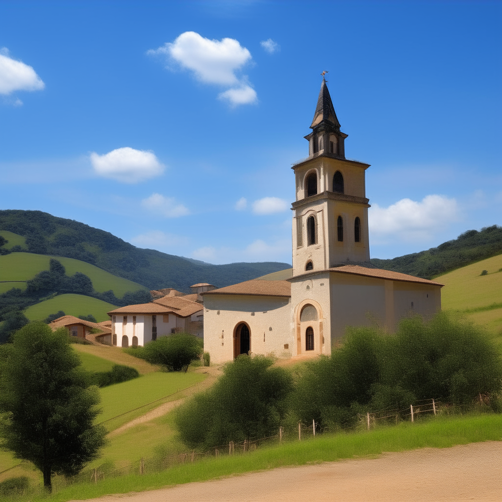 La Iglesia de San Antonio de Prado stands at the edge of a village in Corregimiento de Medellín, Spain. Rolling hills and farms surround the Gothic church under clear blue skies.