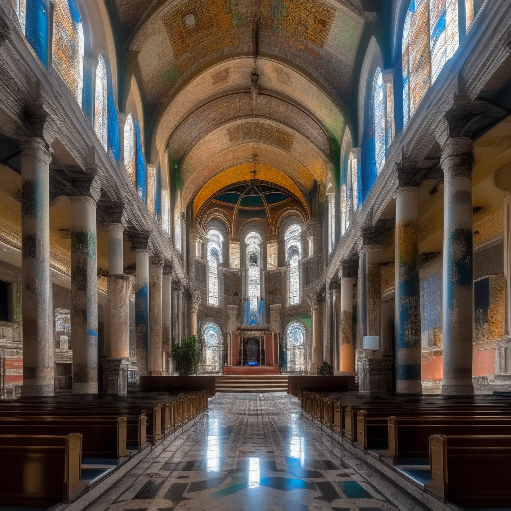 The nave of La Iglesia Metropolitana de Medellín, Colombia. Marble pillars support arched ceilings decorated with frescoes, and stained glass windows fill the church with colored sunlight.