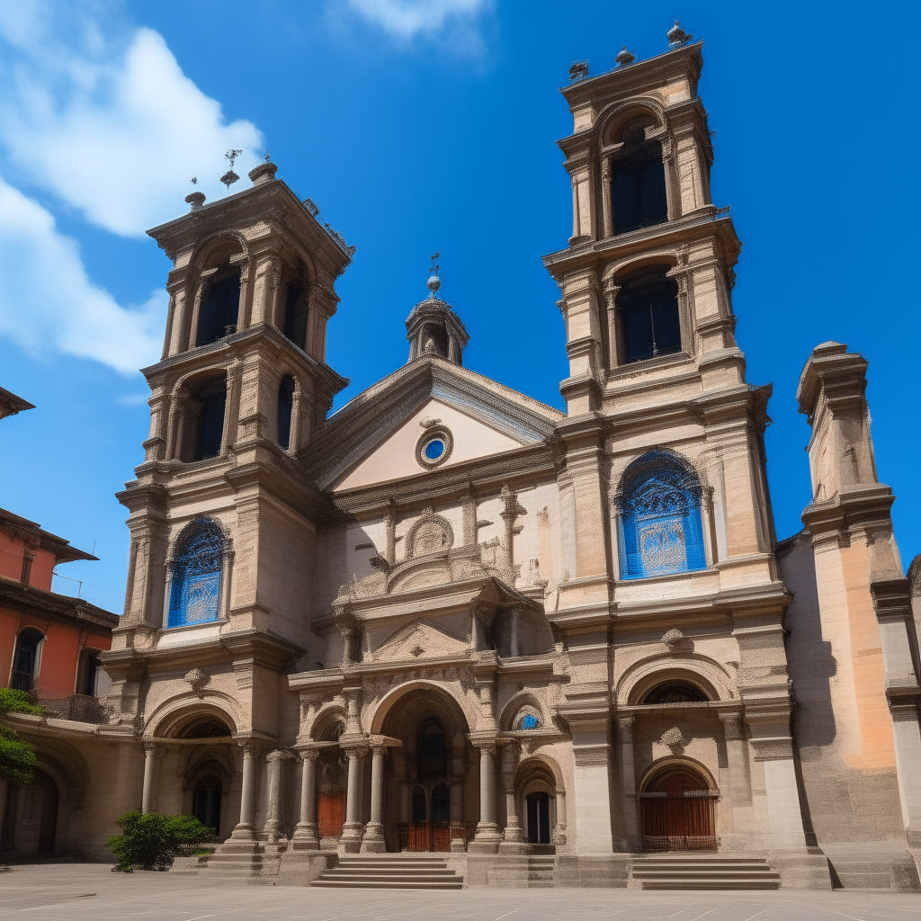 The façade of La Iglesia Metropolitana de Medellín, Colombia faces a plaza. Stone arches and towers decorate the Baroque front under clear blue skies.