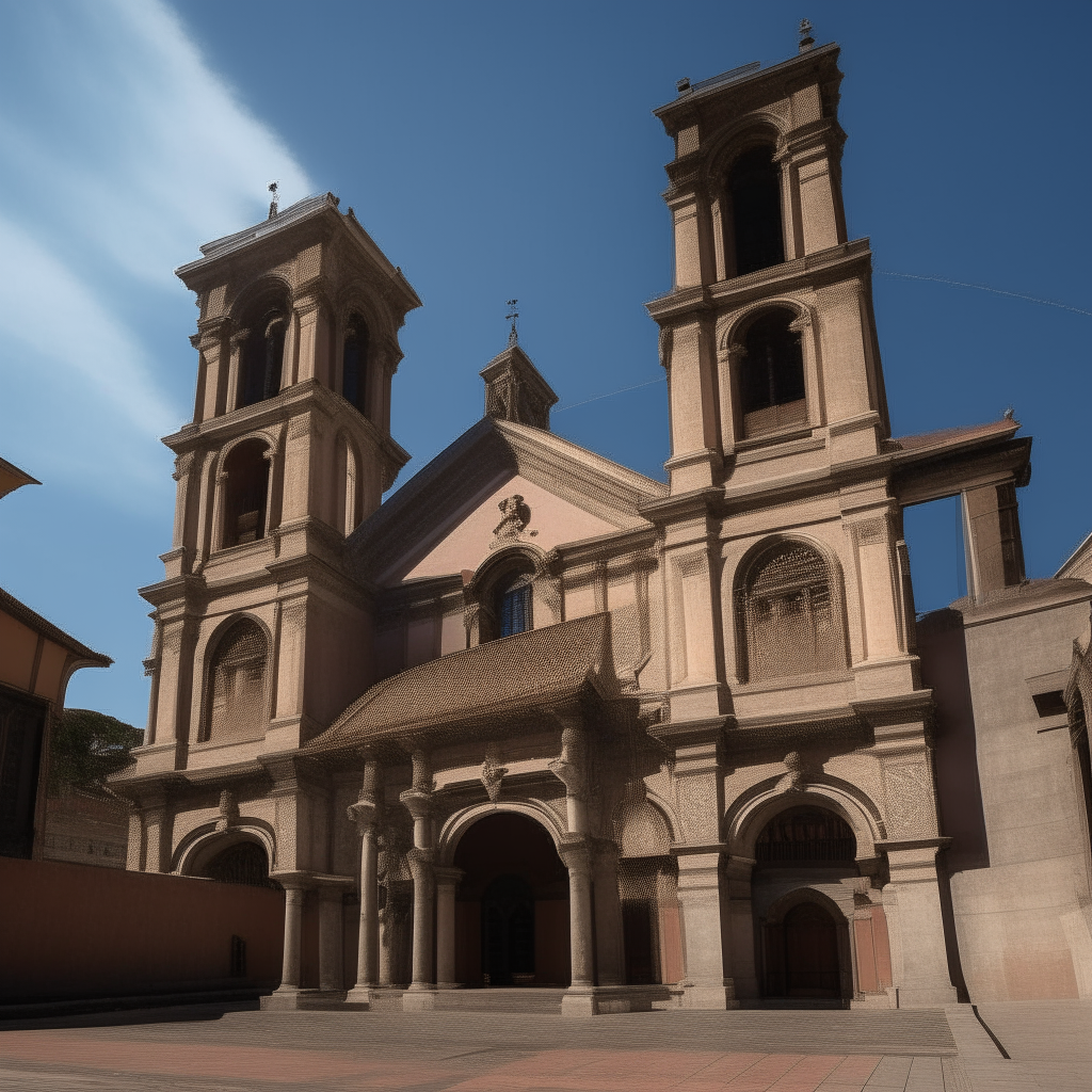 The façade of La Iglesia Metropolitana de Medellín, Colombia faces a plaza on a sunny afternoon. Stonework and arches are rendered in finer detail, with realistic shadows and textures