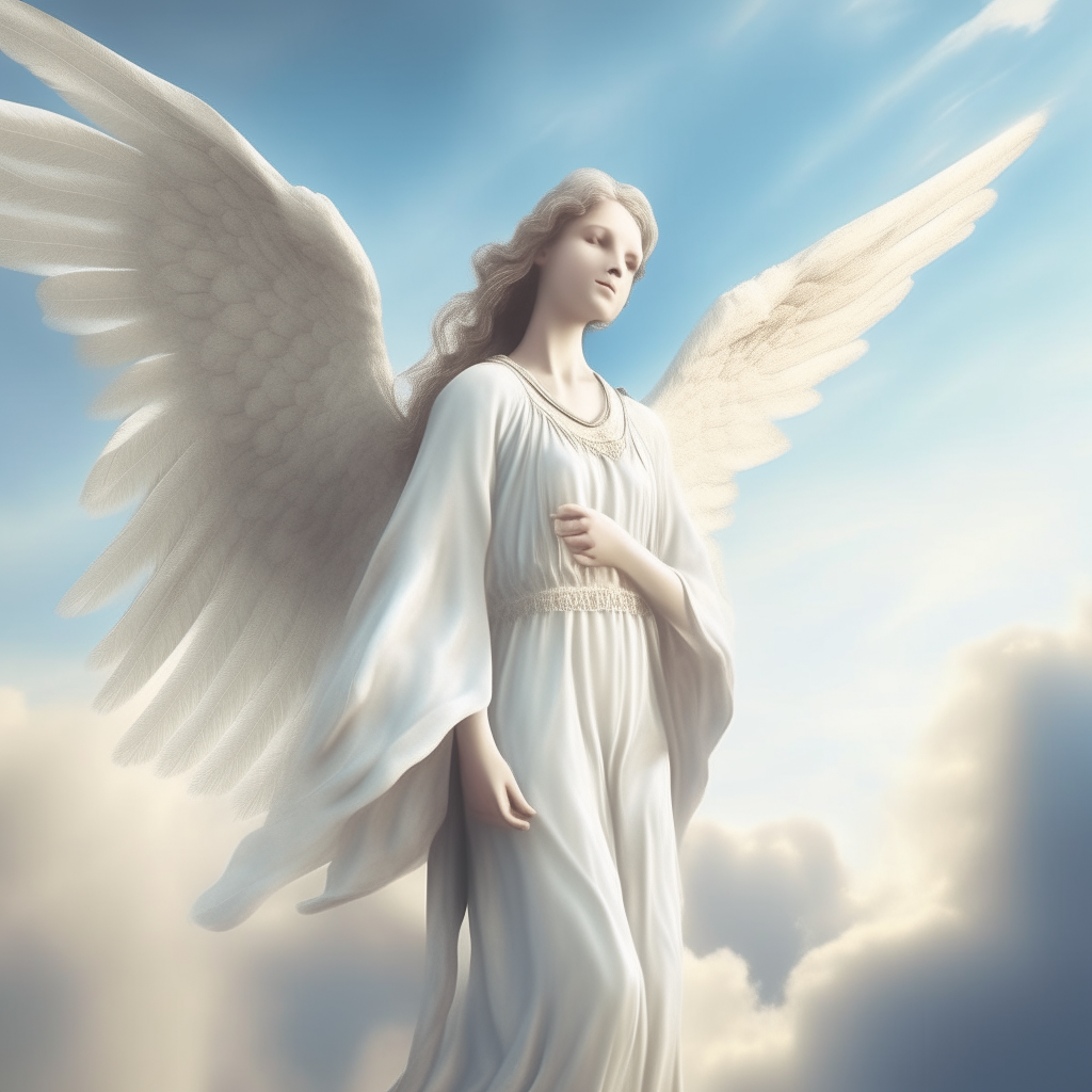 A serene angel gazing upward, radiant wings outstretched against a backdrop of soft clouds and sky. Rendered in a classical style with gentle colors.