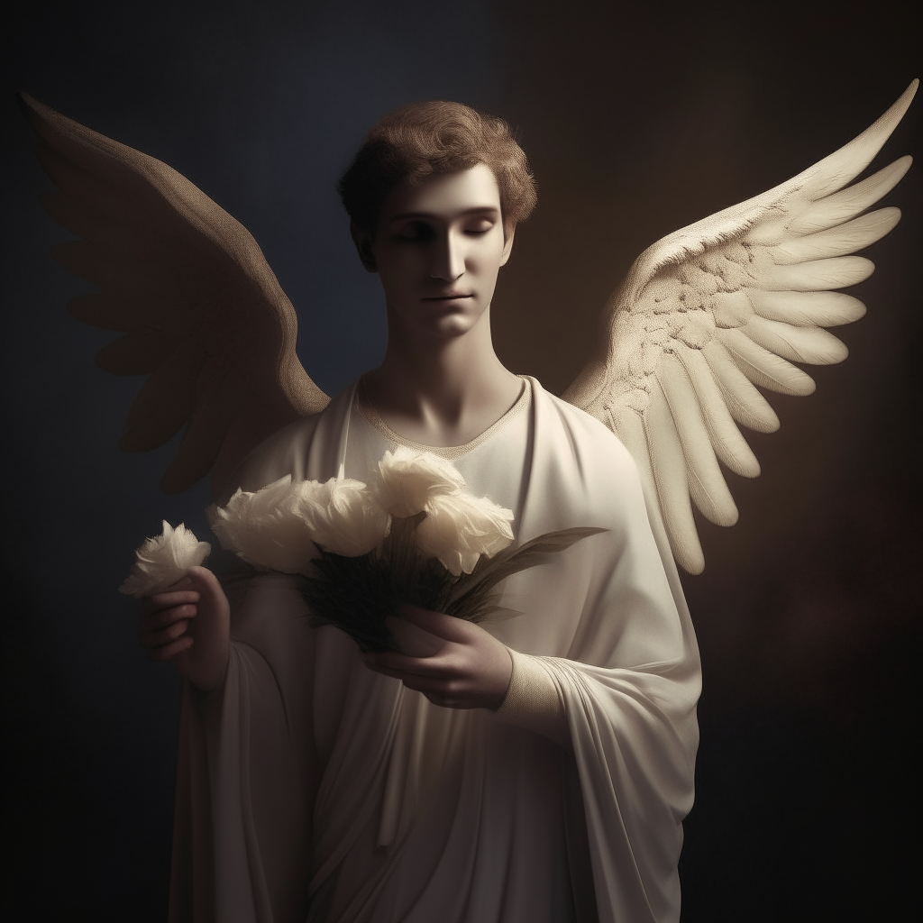 Gabriel stands serenely with wings outstretched, holding a lily. Rendered in a classical style with soft lighting to portray his role as messenger.