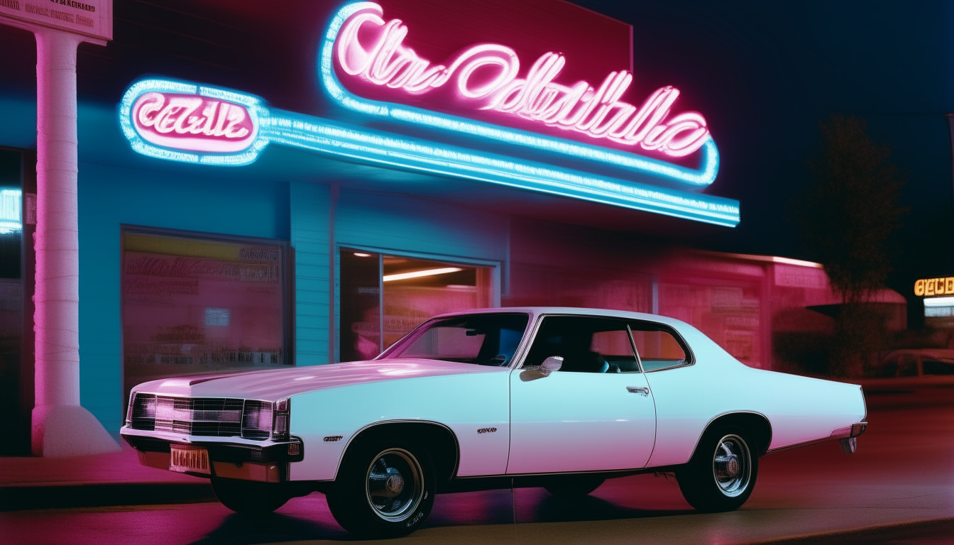 A white Chevelle parked outside a neon-lit nightclub in the 1980s, with bright blue and pink signage