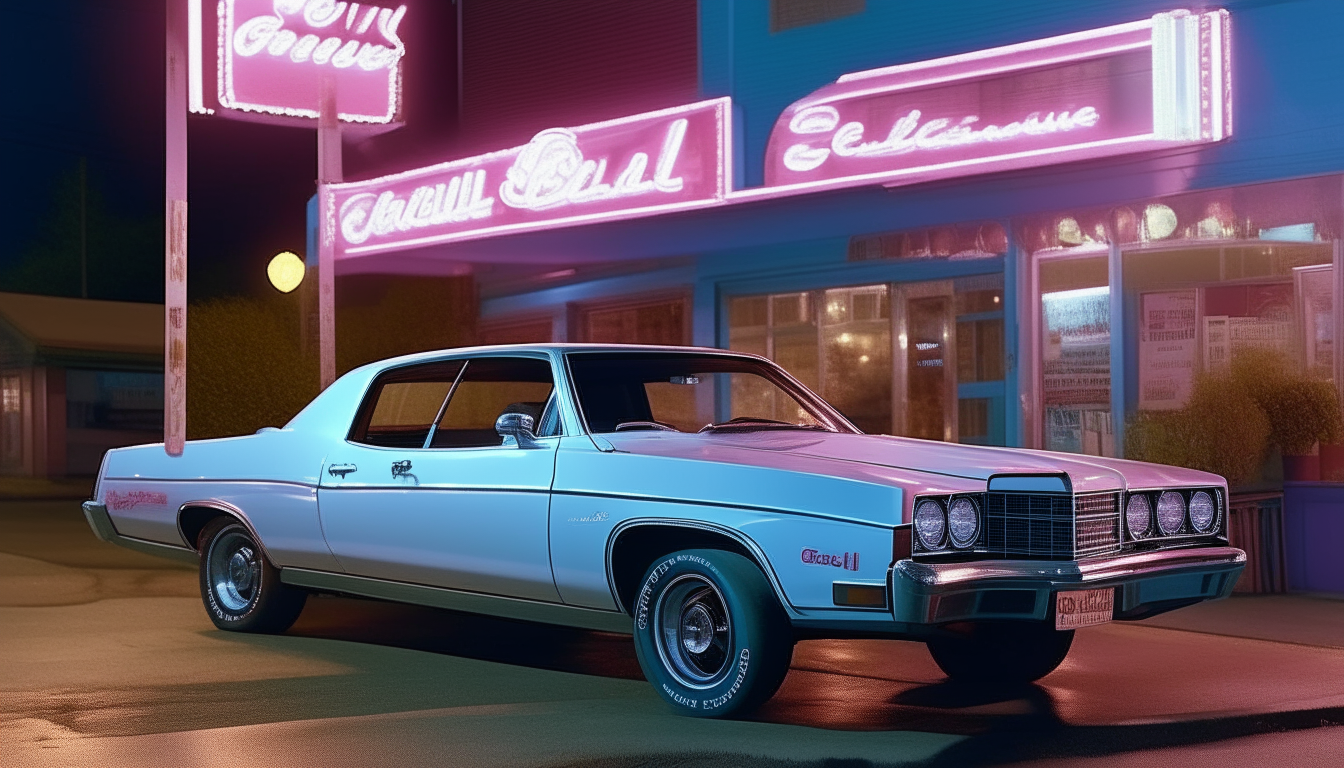 Another view of the white Chevelle parked outside the 1980s nightclub, with more details of the blue and pink neon signs