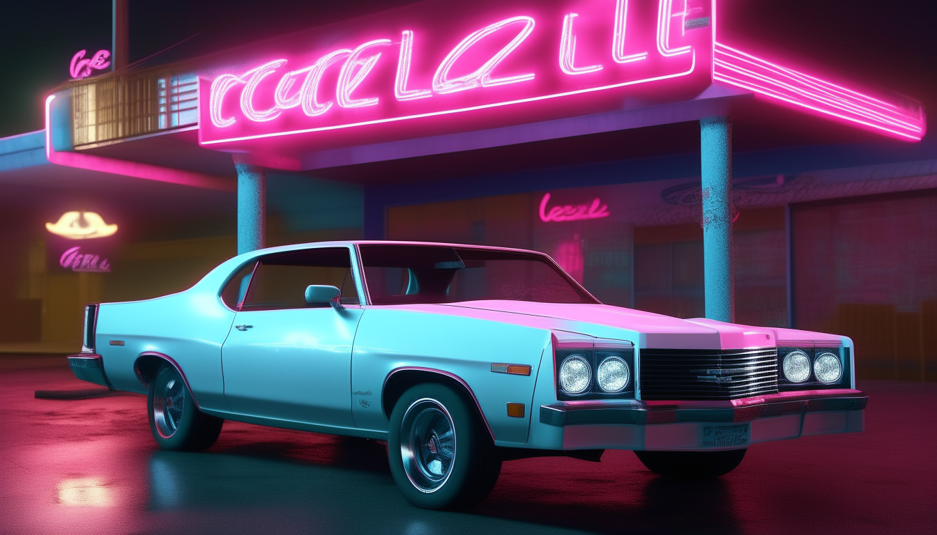 A white Chevelle parked in front of a neon-lit nightclub from the 1980s, with bright blue and pink signage glowing against the dark night. The car and signs are depicted in ultra-realistic 8K quality