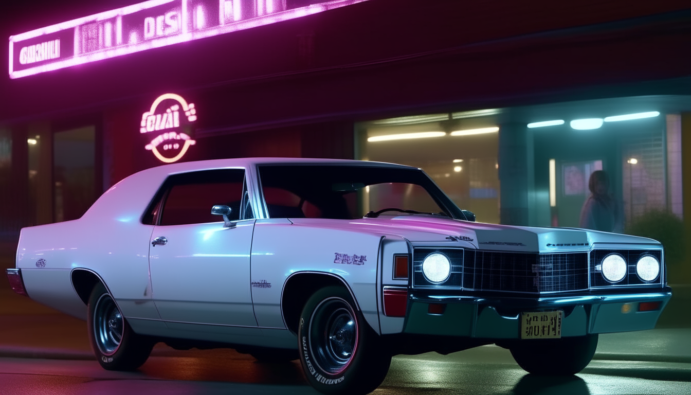 Another view of the white Chevelle parked in front of the 1980s nightclub, showing more details of the car and the blue and pink neon signs lighting up the night in ultra-sharp 8K quality