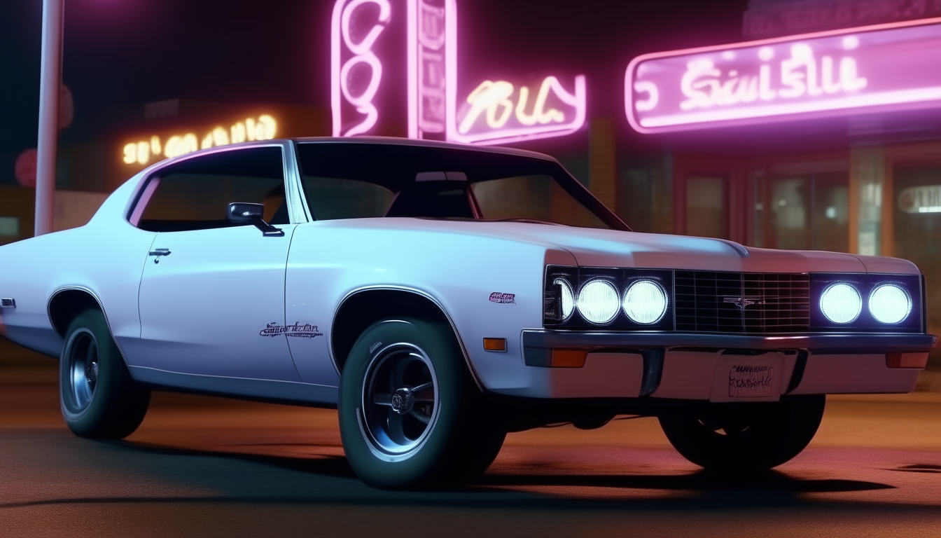 A white Chevelle SS is parked on the street in front of an 1980s nightclub, with its headlights and blue-pink neon signs brightly illuminating the night. Realistic 8K quality depiction.
