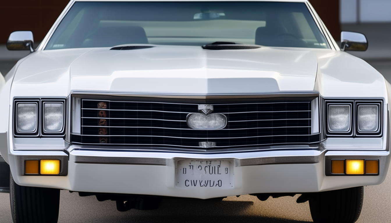 A detailed front view of a white 1980s Chevelle, showing the distinctive grille and round headlights