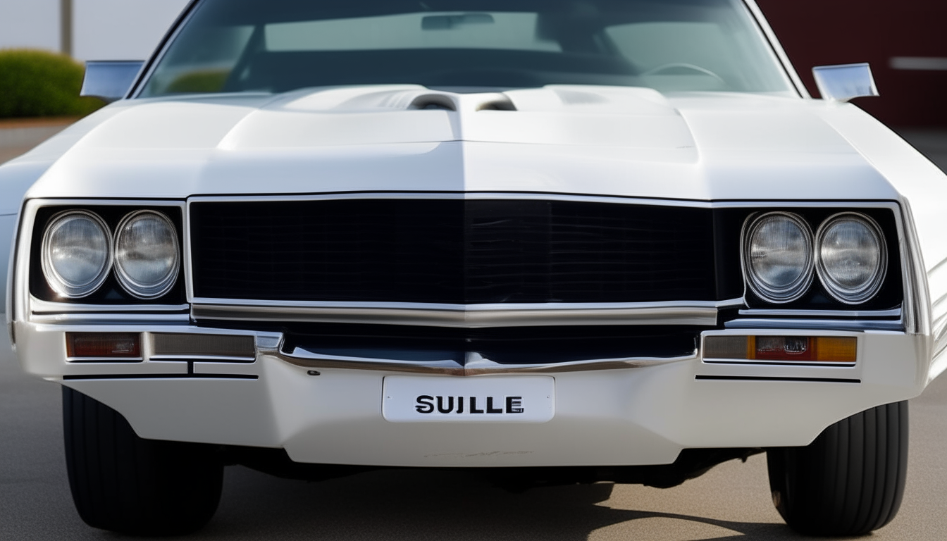 Another angle of the front of a white 1980s Chevelle, with a closer view of details like the badge and ventilation slots