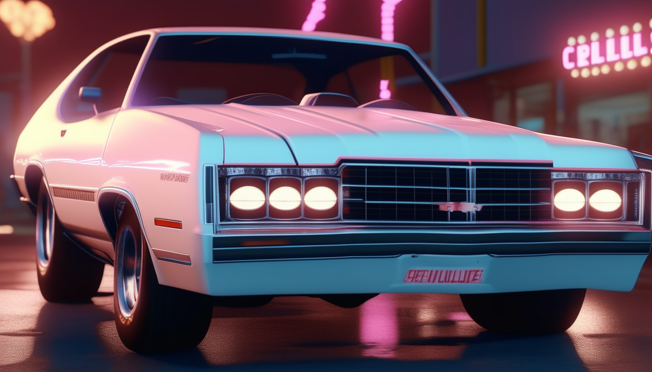 A detailed front view of a white Chevelle from the 1980s, with its round headlights and grille visible against the glow of blue and pink neon signs belonging to a nightclub in the background. Realistic 8K quality depiction.
