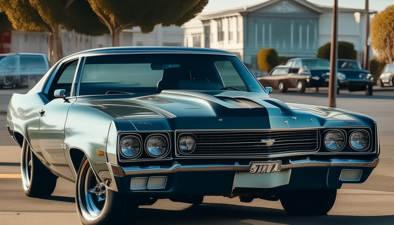 A classic 1970 Chevrolet Chevelle SS sitting on a suburban street on a sunny day. The muscle car is depicted from the front at an angle, showing its distinctive body lines and aggressive stance.